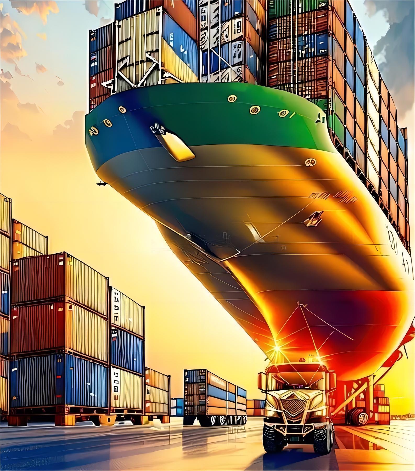 Cargo ship at a busy port